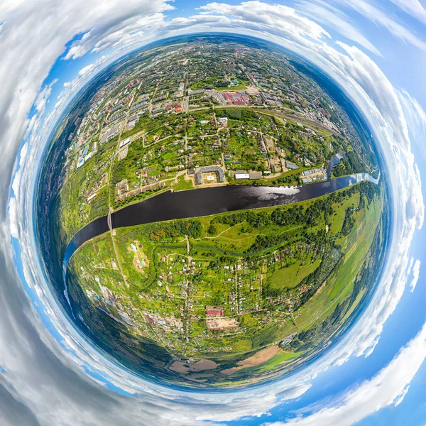 Dmitrov Ryssland Stadskärnan Moskva Kanal Flygfoto 360 Graders Luftpanoramaasteroid — Stockfoto