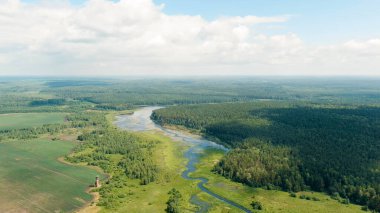 Rusya, Ural. Tarlalar ve ormanlar üzerinde kalkış. Bataklık göleti. Yerdeki gölgeler, Hava Görüntüsü  