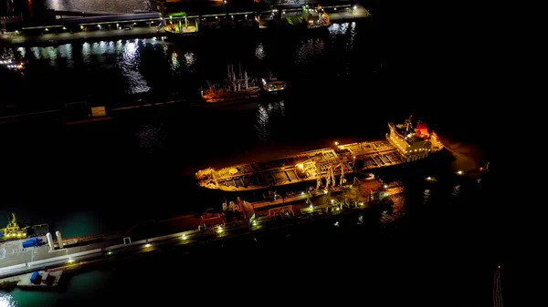 Novorossiysk Rusia Puerto Novorossiysk Por Noche Luces Nocturnas Bahía Tsemesskaya — Foto de Stock