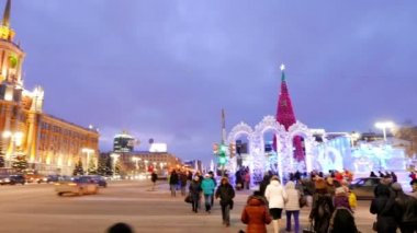 Yekaterinburg, Russia - January 17, 2015: Administration of the city and New Year fair on January 17, 2015 in Yekaterinburg, Russia. Stalin Empire-style City Hall reconstructed from building of XIX century.
