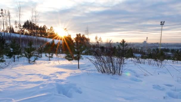 Zonsondergang in de winter. Zoom. Camera beweegt — Stockvideo
