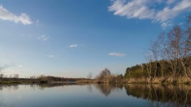 Sunset over river, clouds in water — Stock Video