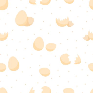 Garip yumurtalar ve yumurta kabuklarıyla kusursuz desen. Beyaz arkaplanda grafik çizimi.