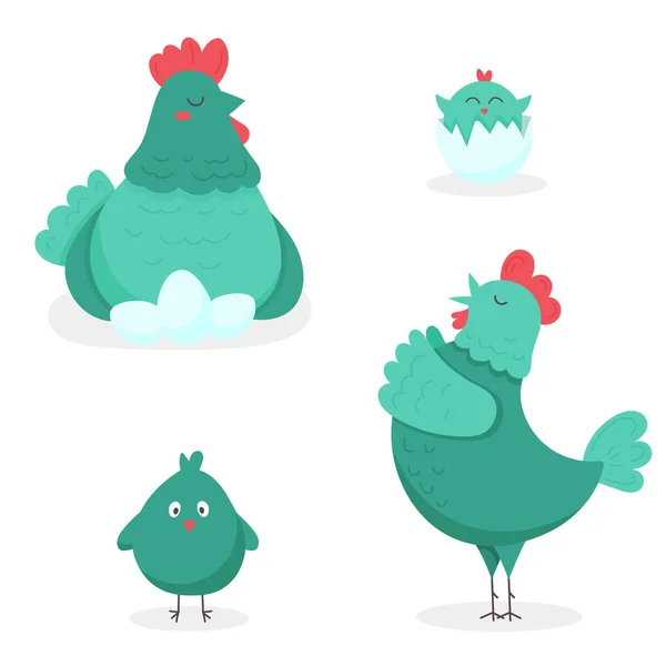 Famiglia divertente con gallina, gallo e polli. L'illustrazione grafica è isolata su sfondo bianco. Illustrazione Stock