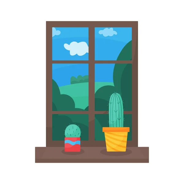 Cacti 'nin beyaz arka planda izole ettiği penceredeki ev için tencere içinde moda, vektör, kapalı bitkiler. Parlak düz çizimler