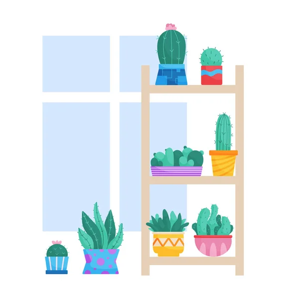 stock vector Set of trendy, vector, houseplants in pots for home on the shelves. Cacti on a rack isolated on a white background. Bright flat illustrations