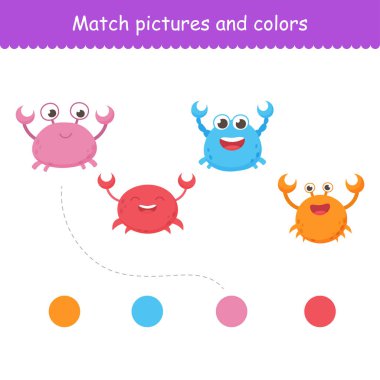 İzole edilmiş komik deniz yengeçleri. Baskı için tatlı su akvaryumu çizgi film yengeçleri, çocuk gelişimi, doğru rengi bulmak. Dekoratif renkli hayvanların çeşitleri