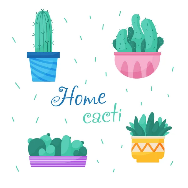 Set di trendy, vettore, piante da interno in vaso per la casa. Cacti isolato su sfondo bianco. Illustrazioni luminose piatte Grafiche Vettoriali