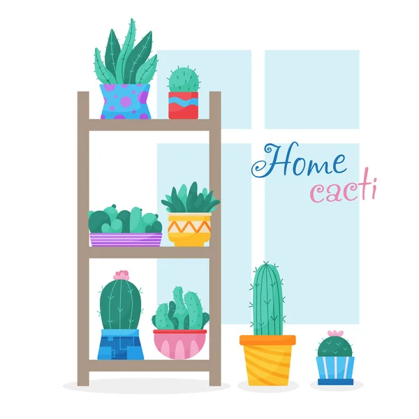 Set di trendy, vettore, piante d'appartamento in vaso per la casa sugli scaffali. Cacti su una cremagliera isolata su fondo bianco. Illustrazioni luminose piatte Illustrazione Stock