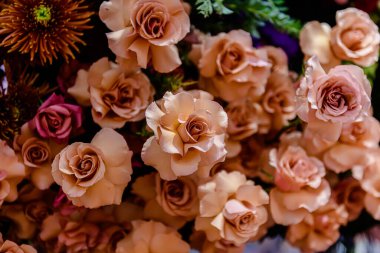Central Chidlom 'daki alışveriş merkezinde bir demet çiçek süslemesi. Arka plan dokusunda güzel çiçeklerin çeşitleri var. Fotoğraf seçici bir odak ile çekildi, bazı kısımlar bulanık efektler.