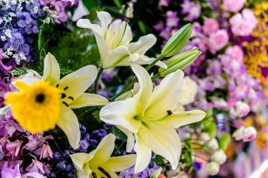 Central Chidlom 'daki alışveriş merkezinde bir demet çiçek süslemesi. Arka plan dokusunda güzel çiçeklerin çeşitleri var. Fotoğraf seçici bir odak ile çekildi, bazı kısımlar bulanık efektler.