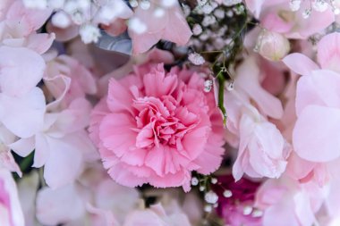 Central Chidlom 'daki alışveriş merkezinde bir demet çiçek süslemesi. Arka plan dokusunda güzel çiçeklerin çeşitleri var. Fotoğraf seçici bir odak ile çekildi, bazı kısımlar bulanık efektler.