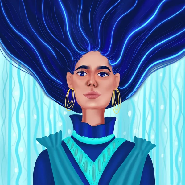 Ilustração Retrato Uma Menina Com Espaço Cabelo Azul — Fotografia de Stock