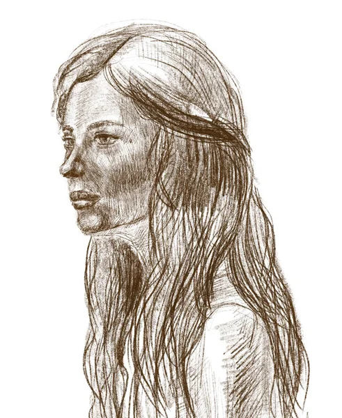 Portret Dziewczyny Minimalistycznym Stylu Narysowanym Ołówkiem — Zdjęcie stockowe