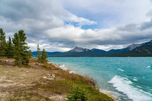 Tájkép az Abraham-tó partján őszi szezonban. Jasper Nemzeti Park, Alberta, Kanada. — Stock Fotó