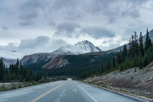 Pico Wilcox coberto de neve no final da temporada de outono. Vista do Icefields Parkway (Alberta Highway 93), Jasper National Park, Canadá. — Fotografia de Stock