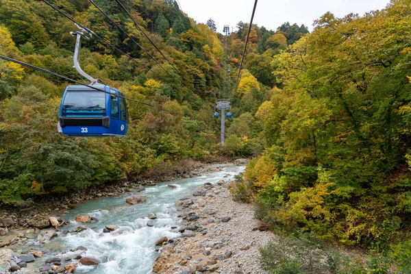 가을에는 드라 곤돌라 (Naeba-Tashiro Gondola) 산과 계곡의 모습이 나타난다. 일본에서 가장 긴 항공 곤돌라 노선이다. 나바, 유자와, 니가 타 현, 일본. — 스톡 사진