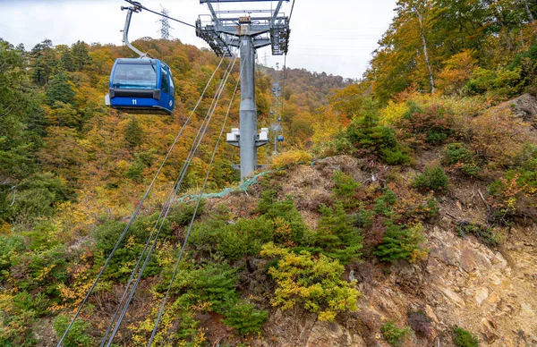 Vista de montanhas e vales da Dragondola (Naeba-Tashiro Gondola) na época de folhagem de outono. A maior linha aérea de elevação de gôndola do Japão. Naeba, Yuzawa, Prefeitura de Niigata, Japão. — Fotografia de Stock