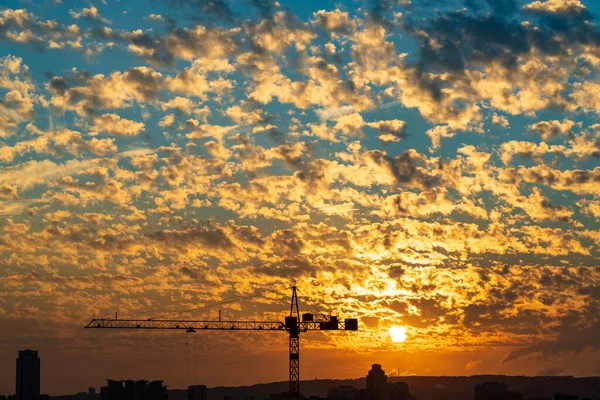 Guindastes Primeiro Plano Colorido Céu Nuvens Altocumulus Fundo Pôr Sol — Fotografia de Stock
