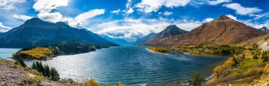 Upper Waterton Gölü göl kıyısı sonbahar yeşillik mevsiminde güneşli bir sabah. Mavi gökyüzü, arkadaki dağların üzerinden beyaz bulutlar. Waterton Lakes Ulusal Parkı, Alberta, Kanada.