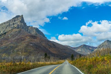 Sonbahar güneşli sabahında Red Rock Canyon Parkway. Waterton Lakes Ulusal Parkı, Alberta, Kanada.