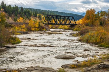 Sonbahar yaprakları mevsiminde Crowsnest Nehri, arka planda demiryolu rayları için demir bir köprü. Alberta, Kanada.