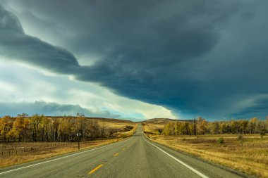 Kır yolu, sonbahar mevsiminde kırsal alan. Alberta İl Otoyolu No. 22, Kovboy Patikası olarak da bilinir. Alberta, Kanada.
