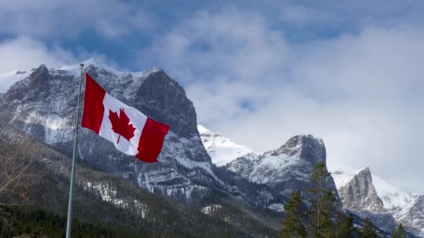 Primo Piano Della Bandiera Nazionale Del Canada Con Montagne Naturali — Video Stock