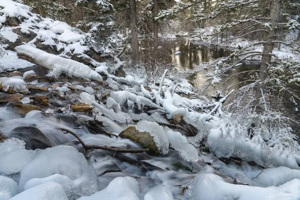 Arroyo helado que fluye en la temporada de invierno. Lagos Grassi, Canmore, Alberta, Canadá. —  Fotos de Stock