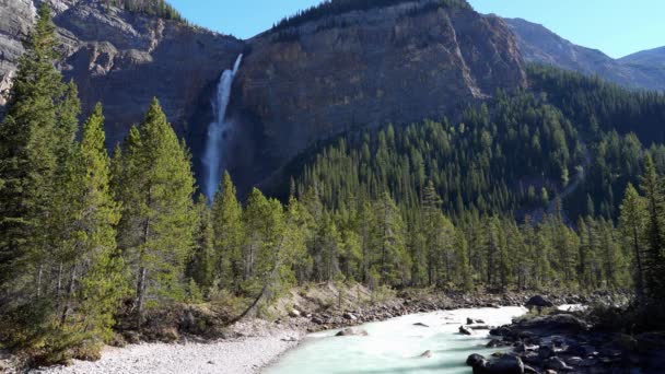 Takakkaw Falls Waterfall Yoho River Sunny Summer Day Natural Scenery — Stock Video