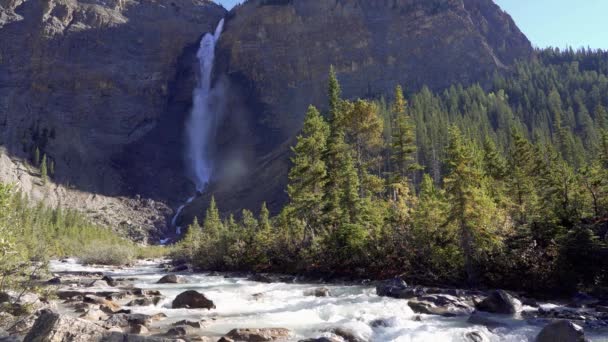 Takakkaw Falls Wasserfall Und Yoho River Einem Sonnigen Sommertag Naturlandschaft — Stockvideo