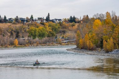 Prince 's Island Park sonbahar yeşillik manzarası. Nehir kıyısında, Calgary şehir merkezinde, Alberta, Kanada.