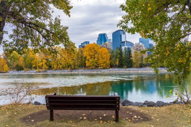 Prince 's Island Park sonbahar yeşillik manzarası. Nehir kıyısında, Calgary şehir merkezinde, Alberta, Kanada.