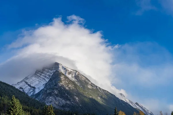 Snow-covered Mount Rundle mountain range with snowy forest over blue sky and white clouds in winter sunny day. Banff National Park, Canadian Rockies.