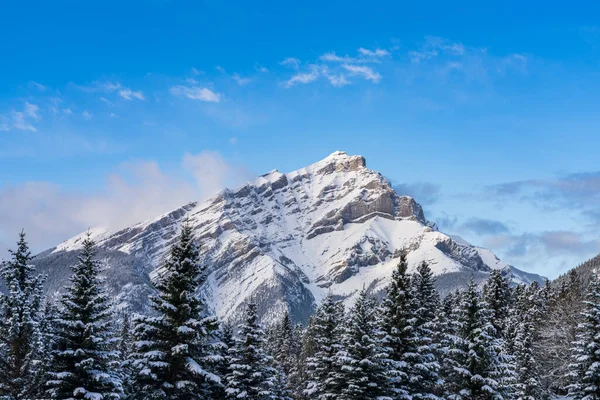 Закрийте засніжену гору Каскаду сніжним лісом над блакитним небом і білими хмарами в зимовий сонячний день. Національний парк Банф - чудовий краєвид. Canadian Rockies, Alberta, Canada. — стокове фото