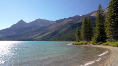 Yazın güneşli bir günde Bow Lake göl kıyısında. Bow Glacier, Banff Ulusal Parkı, Canadian Rockies, Alberta, Kanada.