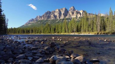 Yazın güneşli bir günde Castle Mountain ve Bow River. Castle Dağı bakış açısı. Banff Ulusal Parkı, Kanada Kayalıkları, Alberta, Kanada.
