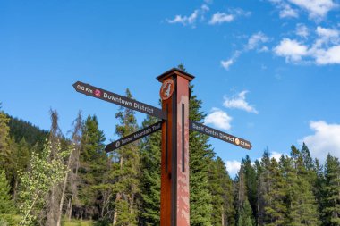 Banff, Alberta, Kanada - 28 AUG 2020: Tünel Dağı Yolu 'ndaki Banff Kasabası tabela direği. Banff Ulusal Parkı, Kanada Kayalıkları.