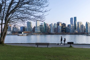 İnsanlar alacakaranlıkta Stanley Park Seawall 'da köpeği gezdiriyorlar. Arka planda Vancouver şehir merkezi silueti var. British Columbia, Kanada.