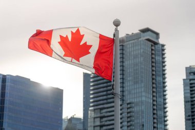 Kanada Ulusal Bayrağı 'nı kapatın. Vancouver City gökdelenleri arka planda güneş ışığıyla gökdelenler çiziyor. Kanada şehir yaşamı kavramı.