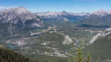 Yaz mevsiminde güneşli bir günde çevresindeki dağlarla Banff kasabası. Sülfür Dağı 'nın zirve gözlem güvertesinden görüntü. Alberta, Kanada. Sağdan sola zaman aşımı  .