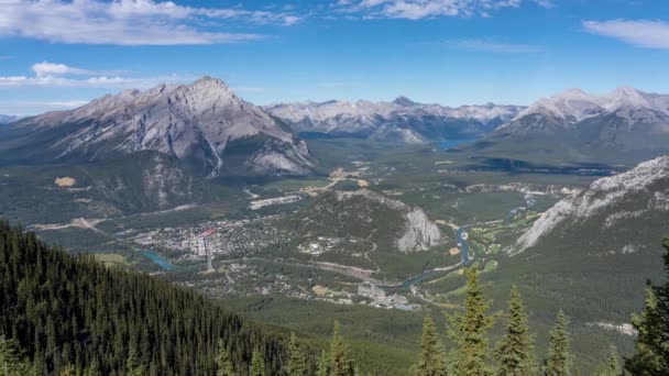 Town Banff Surrounding Mountains Summer Time Season Sunny Day View — Stock Video