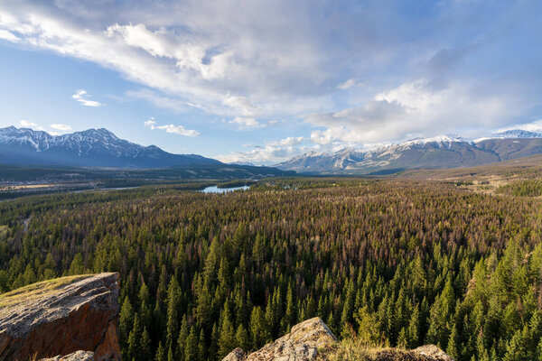 Jasper, Alberta, Canada - May 1 2021 : Canadian National Railway freight train. Canadian Rockies, Jasper National Park.