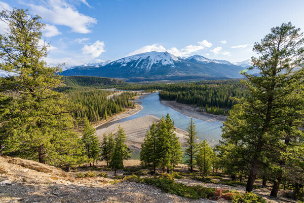 Jasper, Alberta, Canada - May 1 2021 : Canadian National Railway freight train. Canadian Rockies, Jasper National Park.