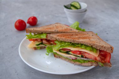 Taze marul yapraklı, domatesli, salatalıklı ve peynirli lezzetli sandviç..