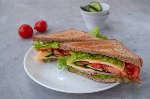 Taze marul yapraklı, domatesli, salatalıklı ve peynirli lezzetli sandviç..