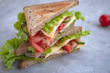 Taze marul yapraklı, domatesli, salatalıklı ve peynirli lezzetli sandviç..