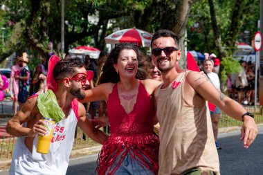 14 Şubat 2026.Centro, Florianopolis, Santa Catarina Brezilya. Karnaval kutlamaları sırasında LGBTQ sokak festivaline katılanlar. Bu güzel güneşli yaz gününde kalabalık ve genel atmosfer samimiydi..