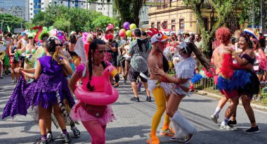 14 Şubat 2026.Centro, Florianopolis, Santa Catarina Brezilya. Karnaval kutlamaları sırasında LGBTQ sokak festivaline katılanlar. Bu güzel güneşli yaz gününde kalabalık ve genel atmosfer samimiydi..