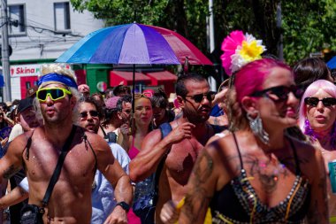 14 Şubat 2026.Centro, Florianopolis, Santa Catarina Brezilya. Karnaval kutlamaları sırasında LGBTQ sokak festivaline katılanlar. Bu güzel güneşli yaz gününde kalabalık ve genel atmosfer samimiydi..